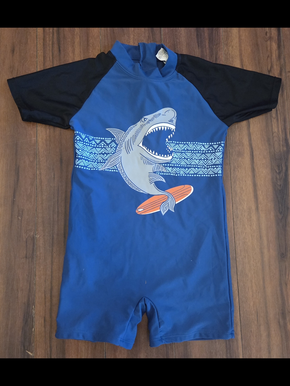 Kid's Phibee Blue Shark Short-Sleeve One-Piece Swimsuit Rashguard Size 8